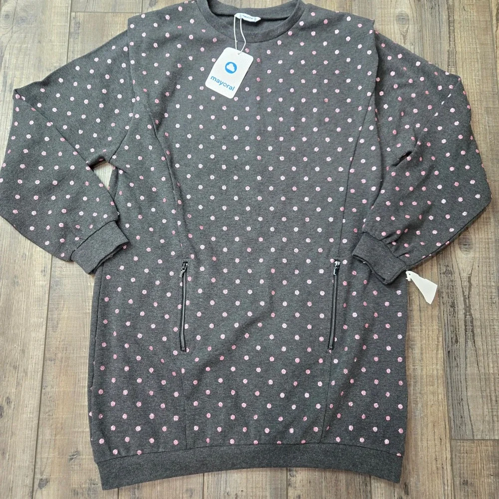 NWT Mayoral‎ Girls Gray Pink Glitter Polka Dot Pocket Sweatshirt Dress 16 Girls